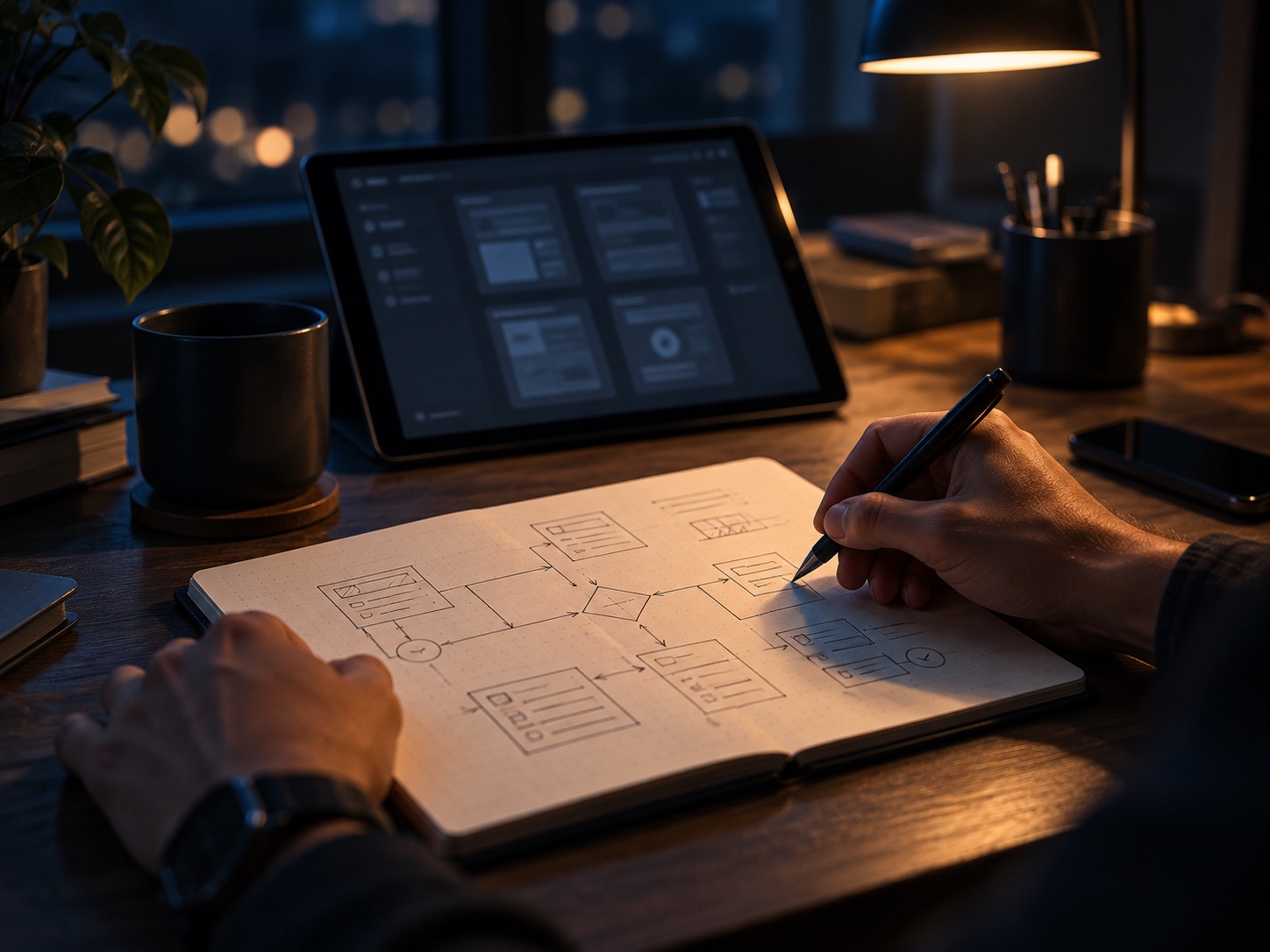 Sketching a system workflow in a notebook under a desk lamp at night