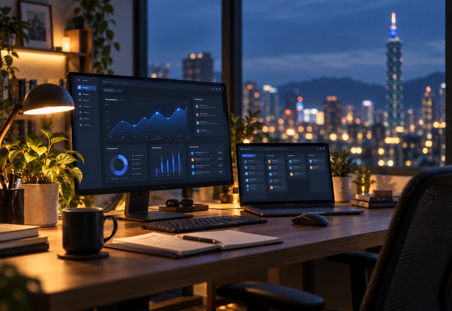 Monitors on a desk at night showing a workflow board and reports