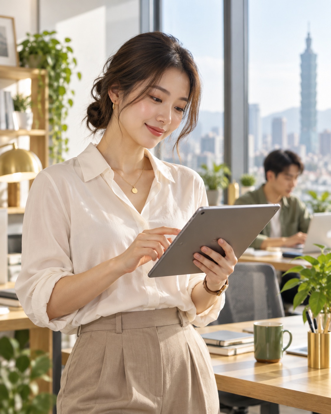 A team member checking work progress on a tablet
