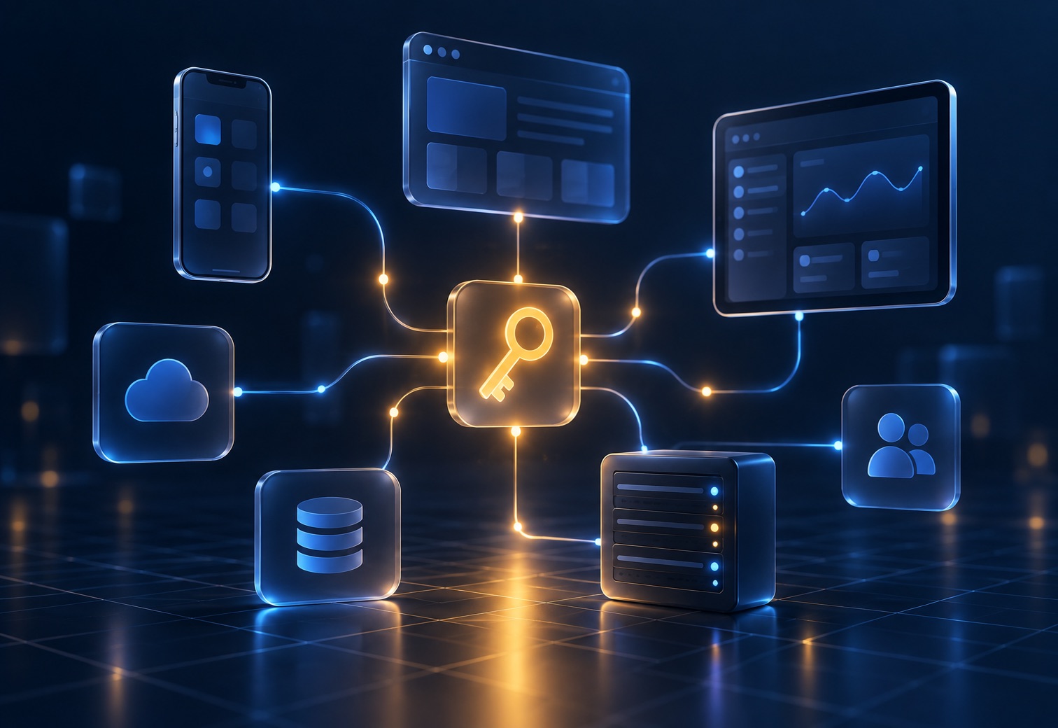 Several systems linked by light to a single key, representing single sign-on and integration